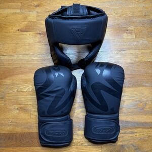 RDX T15 Noir Headgear‎ & F15 Gloves for Boxing 12oz Muay Thai & Grappling
